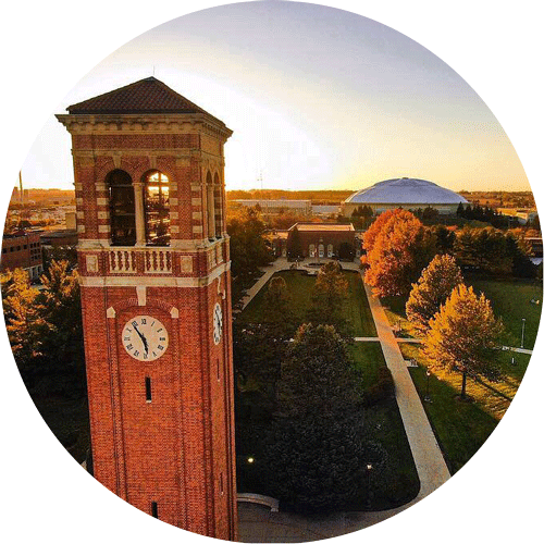 UNI Campanile and UNI-Dome at sunset